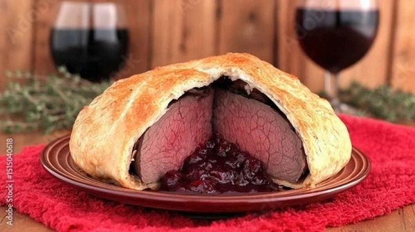 Fototapeta Delicious beef wellington with red wine served in a rustic setting with herbs and wood background