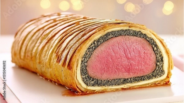 Fototapeta Savory Beef Wellington Wrapped in Puff Pastry with Poppy Seed Layer on a White Plate