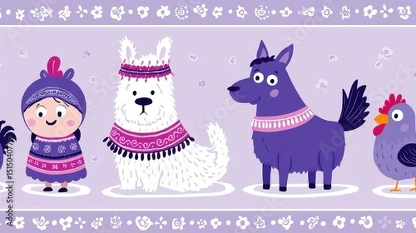 Fototapeta Colorful Cartoon Characters and Animals Dressed in Stylish Sweaters for Fun Illustrations