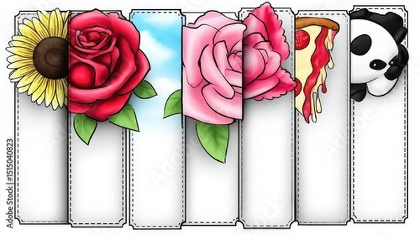 Fototapeta Colorful and Creative Banner Design with Flowers, Sky, Pizza, and Panda Illustrations