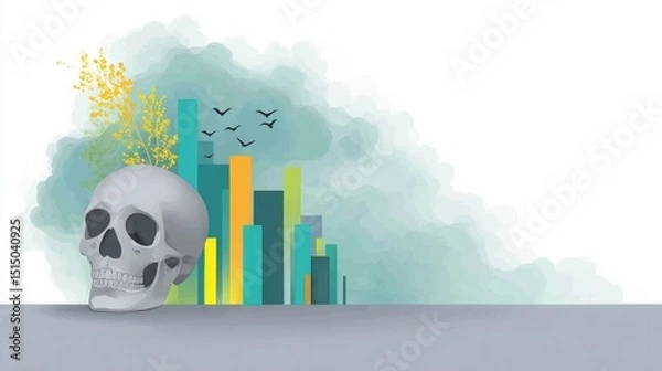 Fototapeta Modern Still Life with Skull and Abstract Graphical Elements in Muted Color Palette