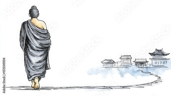 Fototapeta Serene Figure Walking Towards Ancient Temples in Tranquil Landscape Illustration