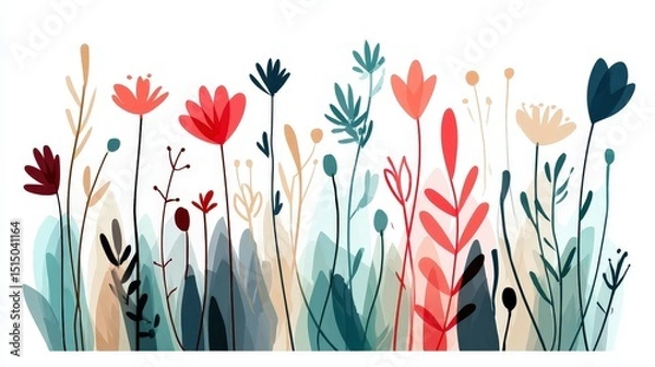 Fototapeta Colorful Floral Pattern with Hand-Drawn Wildflowers in Soft Pastel Shades for Background Use