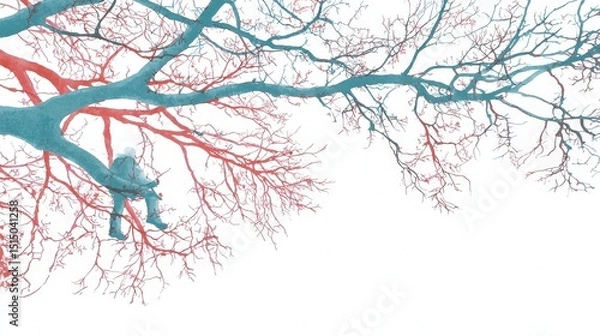 Fototapeta Solitary Figure Sitting on a Tree Branch Surrounded by Ethereal Red and Blue Color Contrast