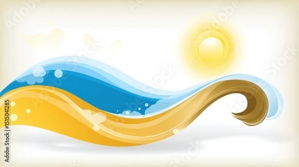 Fototapeta Abstract Waves with Sun Illustration in Yellow and Blue Tones for Creative Projects