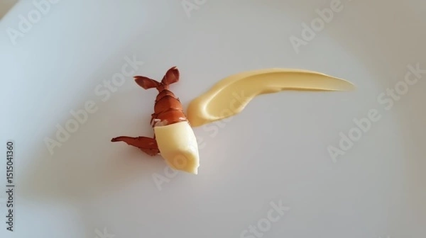 Fototapeta Unique Shrimp Art Garnish on White Plate with Bold Yellow Sauce Presentation and Minimalist Style