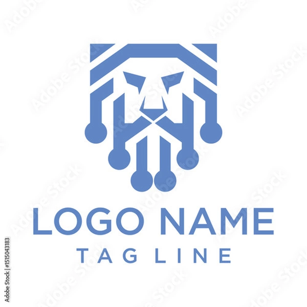 Fototapeta Abstract blue lion head logo, combining digital circuit elements for a modern, technological feel. Ideal for tech startups, security firms, or innovative brands.