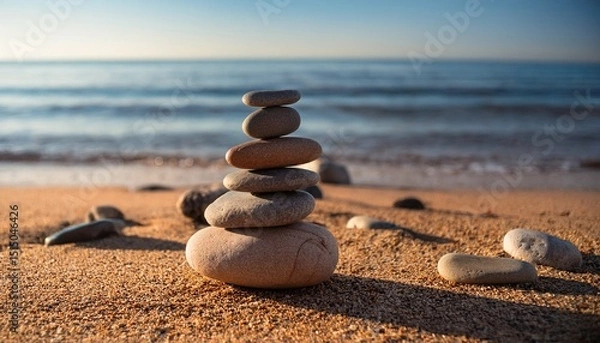 Fototapeta pebbles scattered on sea sand beach with few stones in balance stones beach
