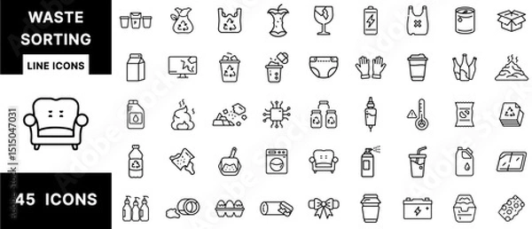 Fototapeta Waste Sorting Line Icons Set Featuring Garbage Types, Recycling Categories, Hazardous Waste, Food Scraps, Batteries, Diapers, Electronics, and Household Trash