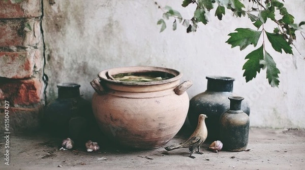 Fototapeta Rustic Earthenware Pots with Bird Decor and Organic Elements in Natural Light Setting