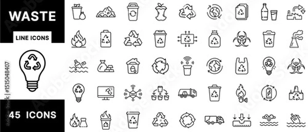 Fototapeta Waste Line Icons Set Featuring Recycling, Garbage, E-Waste, Landfill, Biohazard, Compost, Trash Bins, Eco-Cycle, Burning Waste, and Environmental Disposal Symbols