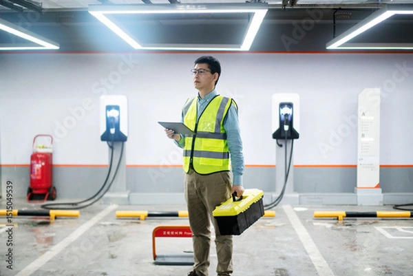 Fototapeta asian Male engineer working with digital tablet in charging station