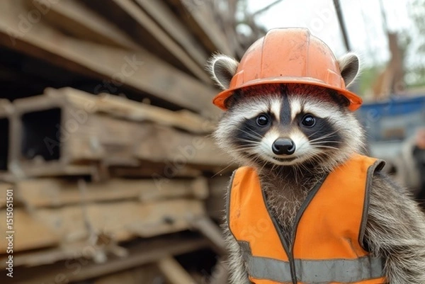 Obraz Raccoon wearing a construction hat and safety vest in an outdoor environment. It can be used for safety campaigns or funny animal-related projects.