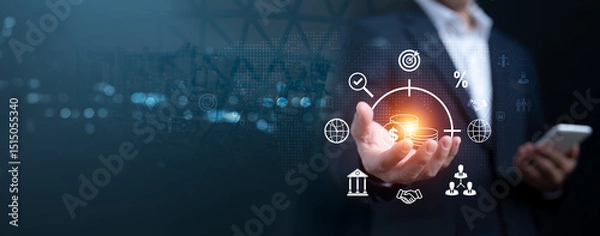 Fototapeta Financial growth and investment strategy for global business success. Hand holding digital coin icons with business and finance symbols for future development.
