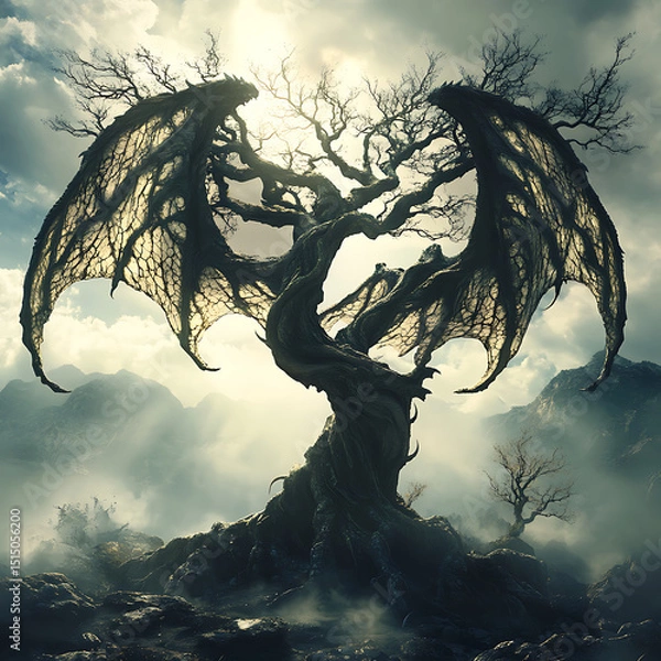 Fototapeta Forest dragon takes shape in twilight moment high resolution picture