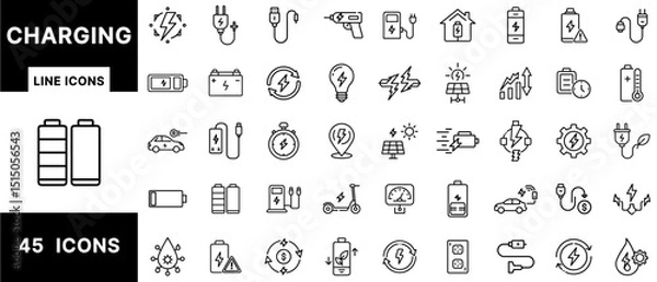 Fototapeta Charging Line Icons Set Featuring Battery Power, Electric Vehicles, Solar Charging, Cable Connection, Renewable Energy, Voltage Indicators, and Eco Outlets