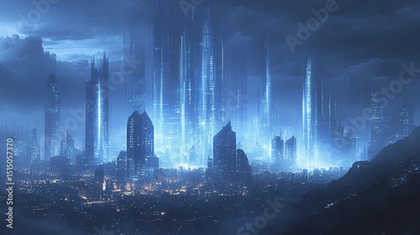 Fototapeta Futuristic city skyline with glowing digital lines and towering structures under moody sky