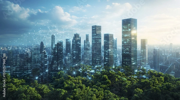 Obraz Futuristic smart city with high rise buildings and greenery, showcasing advanced technology