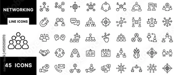 Fototapeta Networking Line Icons Set Featuring People Connections, Global Networks, Communication, Team Collaboration, Social Structures, Interaction, and Organizational Charts