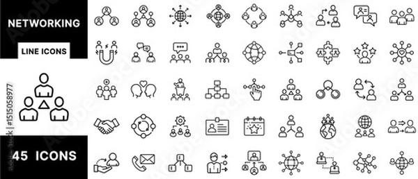 Obraz Networking Line Icons Set Featuring People Connections, Global Networks, Communication, Team Collaboration, Social Structures, Interaction, and Organizational Charts