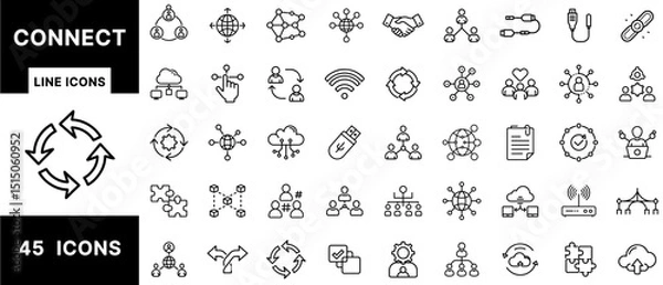 Fototapeta Connect Line Icons Set Featuring Network Links, Communication, Collaboration, Cloud Sync, USB Cables, Data Sharing, Social Nodes, and Connectivity Arrows