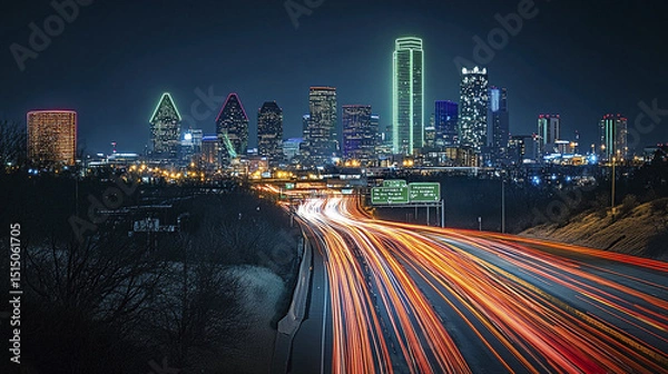 Obraz vibrant city skyline at night with light trails from vehicles on highway, showcasing urban life