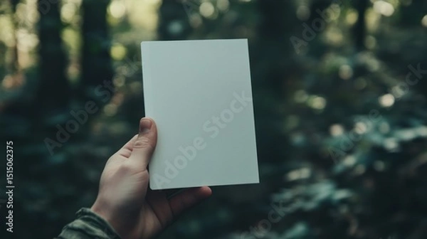 Obraz Hand holding blank white paper in forest.