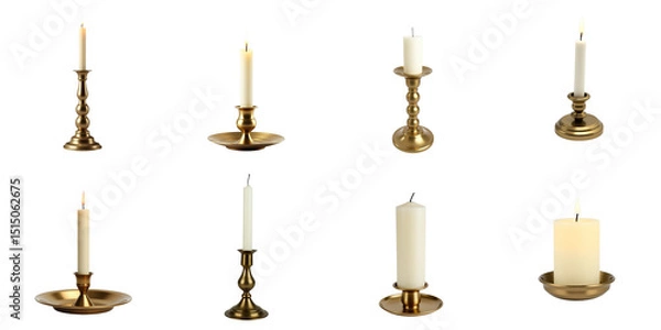 Fototapeta Collection of Elegant Gold Candlesticks with White Candles on transparent Background Featuring Various Heights and Styles for Decorative and Ambient Lighting Solutions