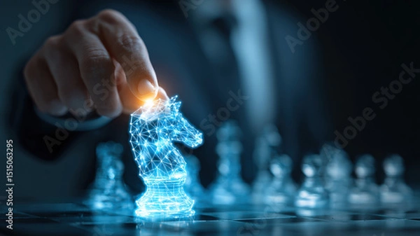Obraz Close-up of businessman holding glowing blue digital chess knight hologram representing AI, strategy, innovation, and leadership.