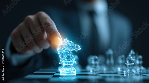 Obraz Close-up of businessman holding glowing blue digital chess knight hologram representing AI, strategy, innovation, and leadership.