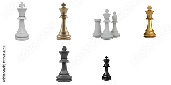 Fototapeta Collection of Chess Pieces in Various Colors Featuring a Gold King, Silver Rook, White and transparent Kings with Distinctive Cross Designs on a transparent Background