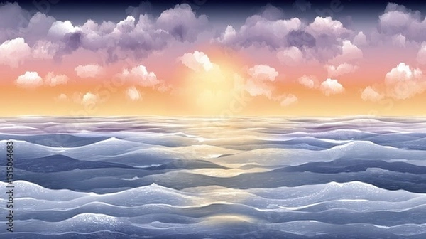 Fototapeta Serene Ocean Waves Under Colorful Sunset Sky with Soft Clouds and Gentle Ripples on Water