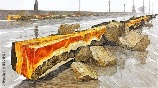 Fototapeta Striking Geological Formation on a Wet Surface Highlighting Rich Textures and Colors