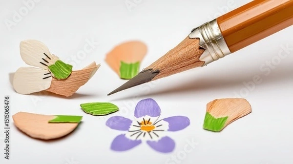 Fototapeta Colorful Pencil Shavings and Floral Designs Created with Sharp Pencil on White Background