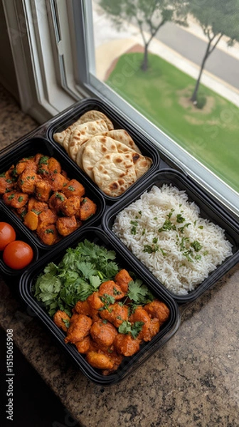 Obraz Delicious Indian meal with chicken curry, naan, rice, and tomatoes placed on a window sill