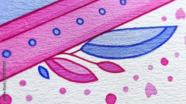 Fototapeta Colorful Abstract Illustration of Leaves and Shapes with Blue and Pink Elements on Paper Texture