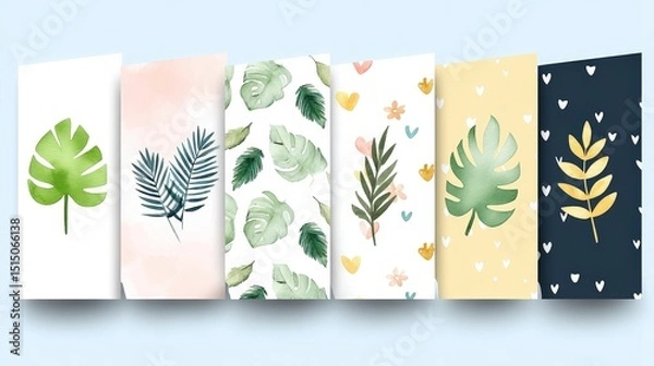 Fototapeta Collection of Botanical Illustrations Featuring Tropical Leaves and Floral Patterns