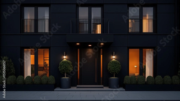 Obraz Modern Black Facade of a Stylish Urban Building with Illuminated Windows and Neatly Trimmed Plants