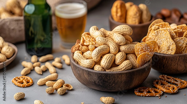 Obraz Assorted Snacks in Wooden Bowls with Beer and Peanuts on Table