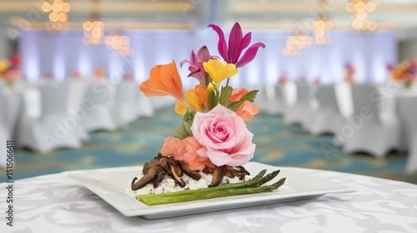 Fototapeta Elegant gourmet dish with vibrant flowers and asparagus on a fine dining table setting