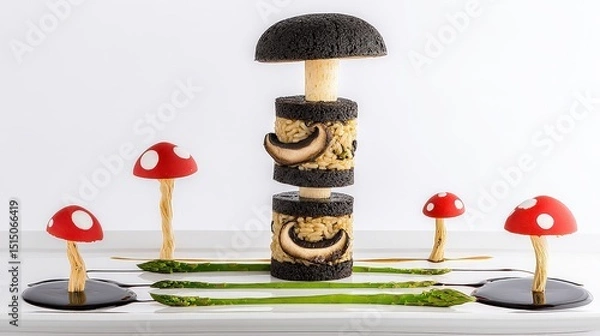 Fototapeta Creative Display of Sushi with Mushrooms and Edible Elements Styled on a White Surface