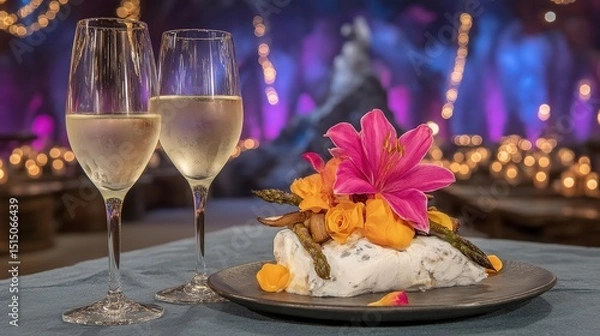 Fototapeta Elegant Dessert Presentation with Champagne in Romantic Setting with Soft Lighting and Flowers