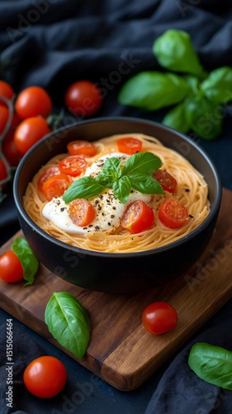 Obraz Delicious Bowl of Spaghetti with Cherry Tomatoes, Basil, and Creamy Sauce
