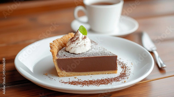 Obraz Delicious slice of chocolate cream pie with whipped cream on a white plate beside a cup of coffee on a wooden table