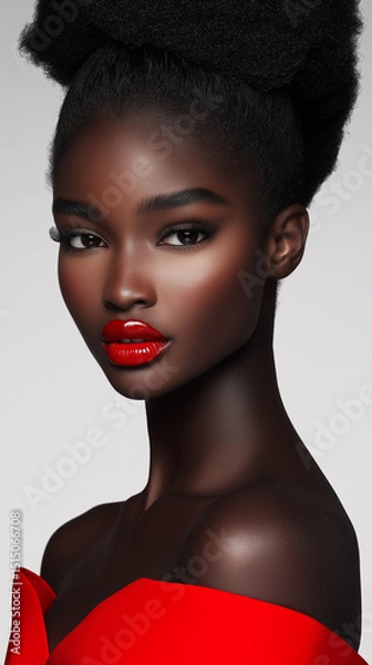 Obraz Portrait of a woman with dark skin and bold red lipstick wearing an off-shoulder red dress against a neutral background
