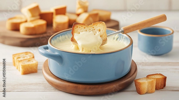 Obraz Melted Cheese Fondue in Blue Pot with Bread Cubes on Wooden Board
