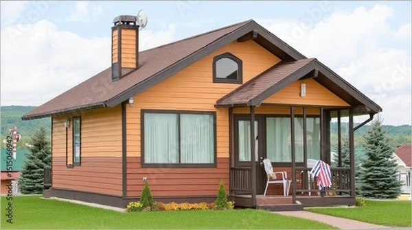 Fototapeta Cozy Single-Story Home with Attractive Exterior and Inviting Porch Area Surrounded by Nature