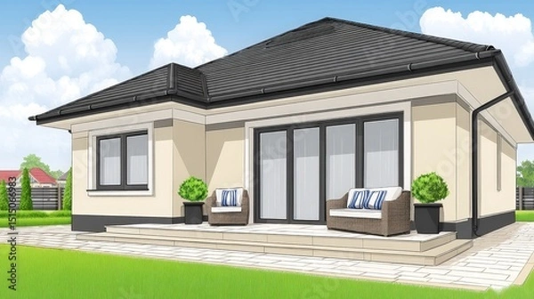 Fototapeta Modern single-story house design with patio and landscaped yard in vibrant sunny setting