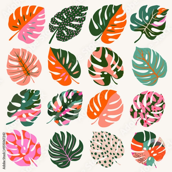 Fototapeta Colorful tropical leaves vector set. Monstera, palm leaf, botanical and jungle leaves design for nature background, backdrop, cover, summer banner, wallpaper, packaging, elements, pattern and prints.