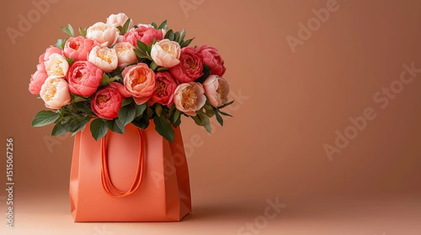 Obraz Beautiful bouquet of peonies in an orange gift bag against a simple orange background for floral or gift related themes